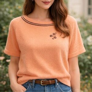 Talbott Traveler Vintage 1970s Terry Cloth Knit Top Peach Brown Retro Boho XL